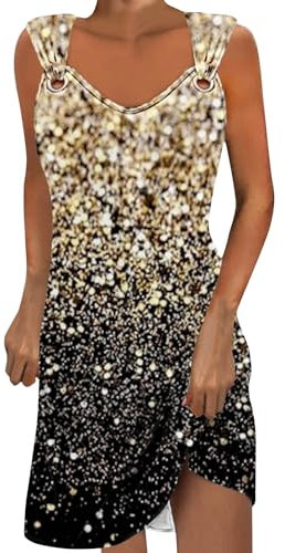 AMhomely Sparkling Dress for Women Party Ladies Sleeveless Summer Dresses V Neck Sequins Print Casual Beach Dress Midi Length Shift Baggy Pullover Going Out Multicolor XL