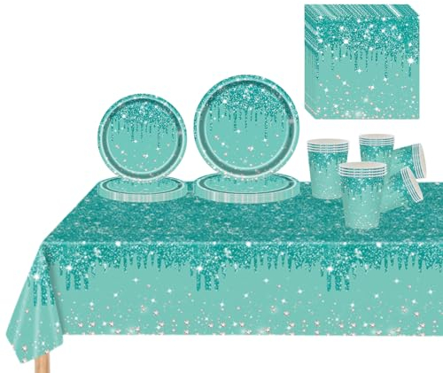 81 Pcs Sparkling Diamond Teal Blue Party Tableware Set for Her,Girls,Women - Teal Blue Paper Plates, Cups, Napkins, Tablecloth - Birthday, Wedding, Baby Shower Dinnerware