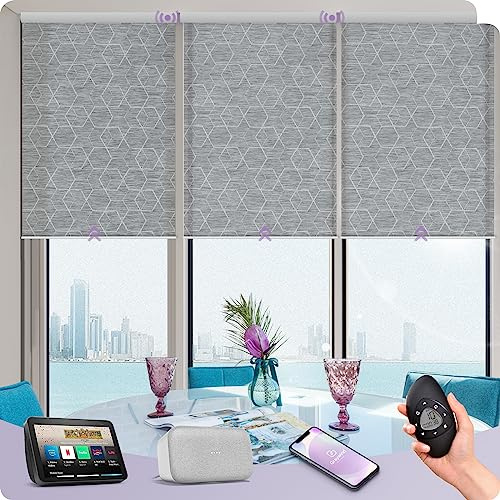 Graywind Elektrische Rollo Innen Lichtfilterung, nach Maß Wiederaufladbar Smart Fensterrollo, UV-Schutz Jalousien mit Fernbedienung, Motorisiert Rollo Kompatibel mit Alexa Google, 1% Geometrie Grau