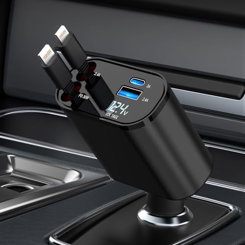 COCIVIVRE Auto Ladegerät Einziehbares,4 in 1 Retractable Car Charger 60W,USB Zigarettenanzünder Adapter,Kompatibel mit iPhone 14/13/12/Pro Max/Plus/Pro,Sumsung Galaxy S24/S23/S22(2 Kabel für Apple)