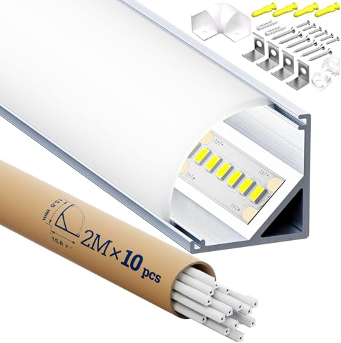 HOOLED 10 Profile Alu pour Ruban LED 2 mètres, Profilé LED en forme de V, angle d’éclairage de 45°, avec diffuseur en PC, Canal pour Bande Led 10mm Tailles 15,8 mm x 15,8 mm