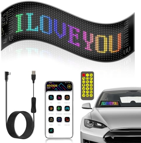 34,8 x 10,2 cm cartello LED per auto - App Bluetooth/telecomando flessibile programmabile auto luci interne a LED, USB 5 V auto modello di testo personalizzato pannello a matrice, gadget auto per