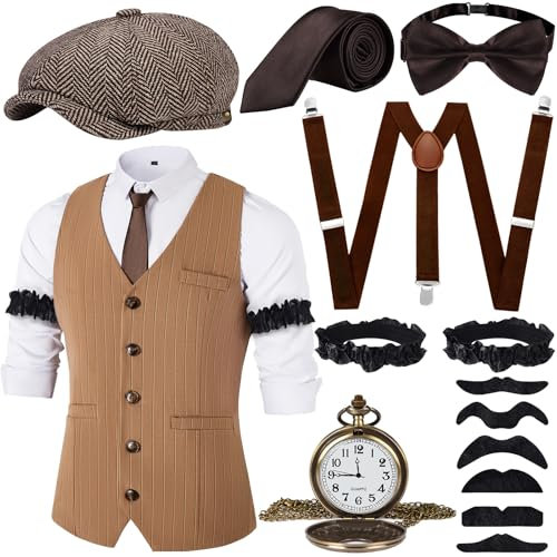 JONRRYIN 20er Jahre Herren Accessoires, 1920er Mafia Kostüm Set Mit Westen & Verschiedenen Accessoires für Halloween, Karneval (Braun, S)