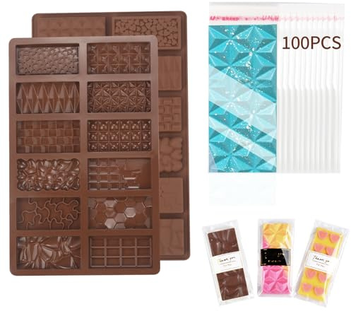 DOCMON Chocolate Molds, 2Pcs Mini Silicone Chocolate Bar Mold with 100Pcs Bags, Break Apart Non-stick Small Chocolate Candy Bar Molds Wax Melt Molds for Chocolate Bar