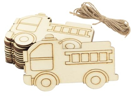 Xonzmmk Feuerwehrautoausschnitte aus Holz, unlackiertes Feuerwehrauto, Basteln und hängende Ornamente, DIY-Geschenkanhänger für Zuhause und Partydekoration, 30 Stück