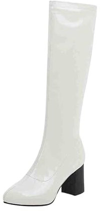 Stivali sopra il ginocchio, da donna, con tacco alto, in pelle, con chiusura lampo, da equitazione, da cowboy, da donna, bianco, 47