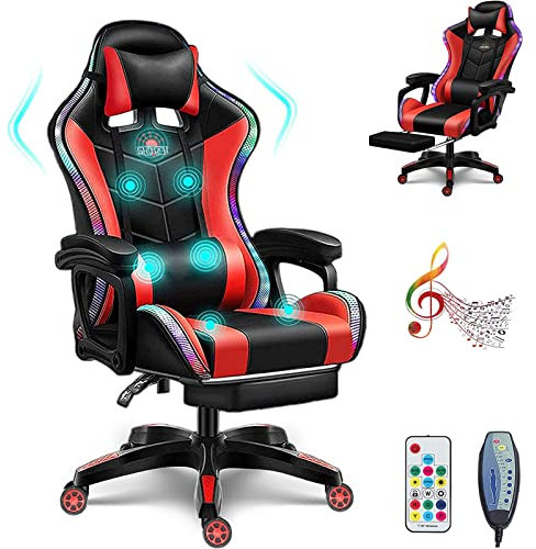 Chaise de gaming avec haut-parleurs Bluetooth, lumières LED, massage, design ergonomique, repose-pieds, rouge
