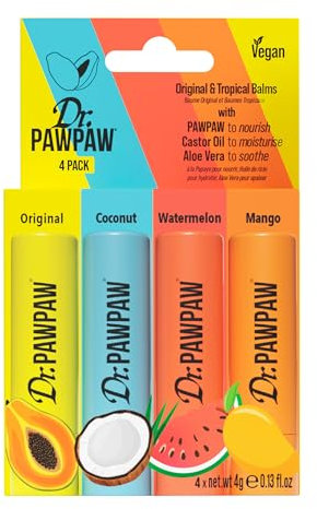 Dr.PawPaw Original & Tropical Balms – Variety Pack with 4 Flavors: Coconut, Watermelon, Mango & Original – Multipurpose for Lips, Skin & More - 4x4g
