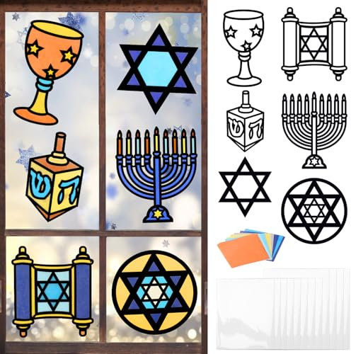 MONCAP 12 STK Chanukka Bastelset für Kinder - Hanukkah Basteln Menorah Papierbastelset Davidstern Dreidel - Kreative DIY Fensterbilder für Mädchen Jungen - Jüdische Party Geschenk Deko