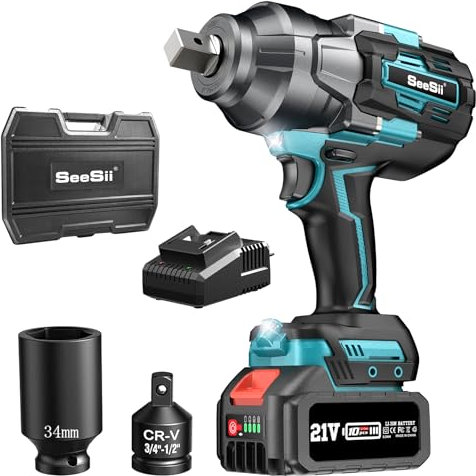 Seesii Avvitatore a Impulsi 1600Nm, 3/4'' Avvitatori a Massa Battente Brushless 10000mAh, Senza Spazzole con 2 Batterie, Trasmissione a 3 Marce, Adattatore per Bit da 3/4'' a 1/2'', 34 mm Presa