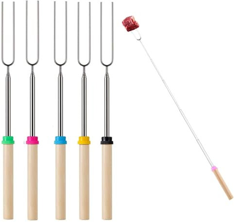 5 Pcs Marshmallow Toasting Kit, Extendable Stainless Steel Smores Kit for BBQ and Campfire, Marshmallow Sticks Fireplace Telescoping Marshmallow Sticks for Fire Pit Accessories
