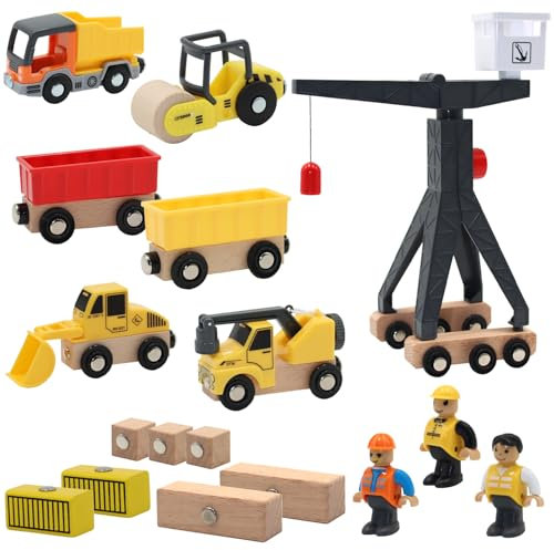 YISKY Baustelle Kinder Fahrzeug, Holz Konstruktions Fahrzeuge, Baustellen Spielset Kinder, Crane Spielzeug Set, mit Turmkran Bagger Muldenkipper Radlader Straßenwalze, Spiel Set für Kinder ab 3