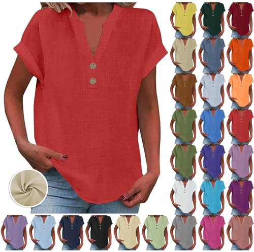 Womens t Shirts, My Orders, Ladies Tops 2025 Women's Summer Cotton Linen Cap Sleeve T-Shirt Button V Neck Tunic Top Fashion Baggy Solid Plain Casual Shirts Trendy Blouse Red