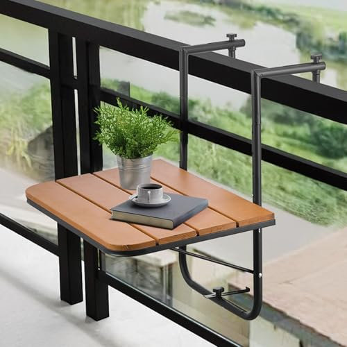 VEVOR Mesa Colgante para Balcón, Mesa Plegable con Barandilla para Balcón de 595 x 620 x 800 mm, Ajustable en 4 Niveles, se Adapta a Barandillas de 1-8,27 Pulgadas para Exterior, Marrón y Negro