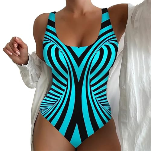 Ydsxlp Badeanzug Damen Große Größe Ärmellose Bauchweg Einteiliger Badeanzug Gestreift Drucken Sport Bademode Swimsuit U Ausschnitt Push Up Badeanzüge Bauchkontrolle Schwimmanzug