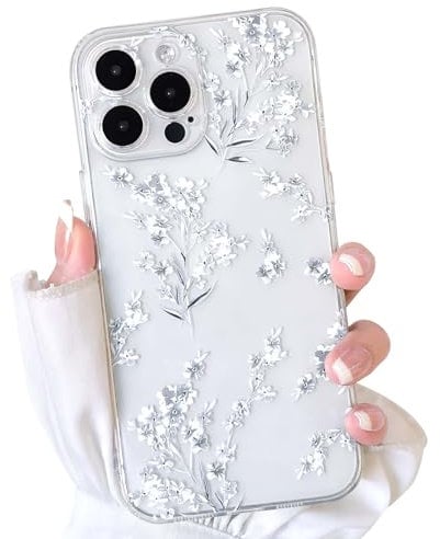 NITITOP Compatible with iPhone 14 Pro Max Apple Case Cute Clear Flower Floral Branch Design for Women Girls Artistic Transparent Soft TPU Shockproof Protective Phone Cover - White