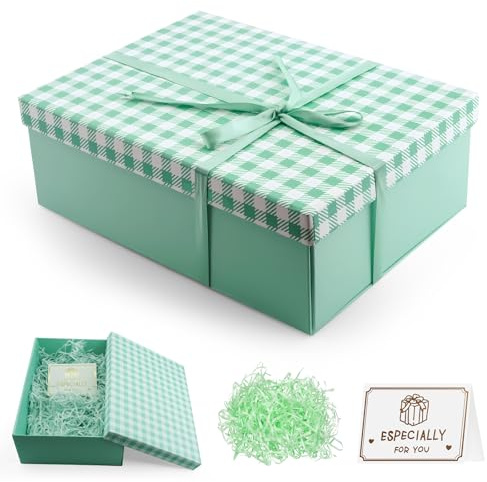 MOSTFUN Geschenkbox mit Deckel, 25 x 18 x 8.5cm Geschenk Box, Geschenkbox mit Schleifen, Grußkarten, Raffia für Geburtstage Hochzeiten Weihnachten Valentinstag (Grün)