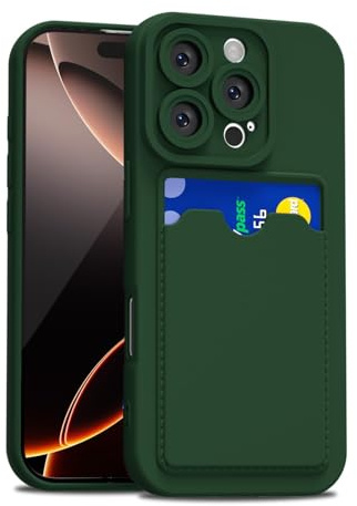 LoeoeL for iPhone 16 Pro Case with Card Holder Slim, Thin Silicone Wallet Phone Case with Credit Card Slot for Women Men, Soft Rubber Gel TPU with Pocket Shockproof Camera Cover, Dark Green
