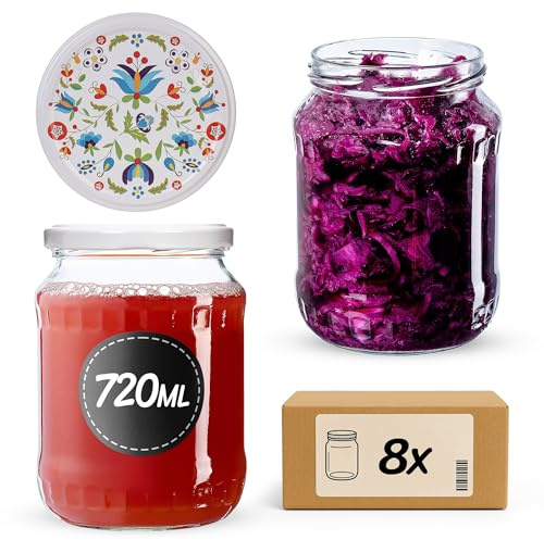 KADAX 8er Set Einmachgläser 720ml TO82 Flowers, Pack of 8, Große Sturzgläser mit Schraubdeckel, Einkochgläser Fermentierglas für Gurken, Gemüse, Sauerteig