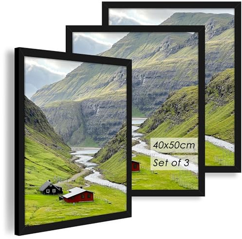 QPQIYIY Bilderrahmen 40x50cm 3er set, Schwarz Rahmen 40x50 | 3er-Set MDF-Rahmen mit Acrylscheibe 40×50 cm, horizontal oder vertikal aufhängbar, ideal für Fotos, Bilder und Poster.