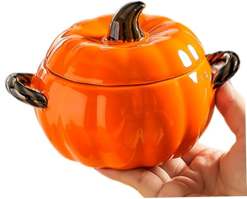 Hbbgdiy Keramikschale mit Deckel 400 ml süße Kürbisschüssel Mini Individueller Kürbiskopf Ofen Safer Dual Griff einfach saubere Suppenschalen zum Kochen und Backen