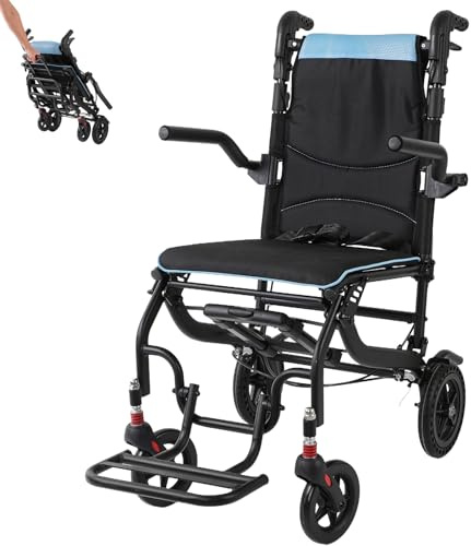 Ultraleichter faltbarer Rollstuhl,Transportrollstühle Höhenverstellbar,8 Zoll Honeycomb Hinterräder stoßdämpfende klappbare Fußlehnen Armlehnen, hält 100kg, für Erwachsene und Senioren Reisen