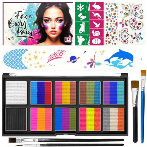 Kinderschminke Set,Rainbow Split Cake Palette 26 Farben inderschminken mit Pinsel Vorlagen and Glitzersteine Aufkleber,Waschbar Face Paint Bodypaint Schminkset, für Halloween Karneval