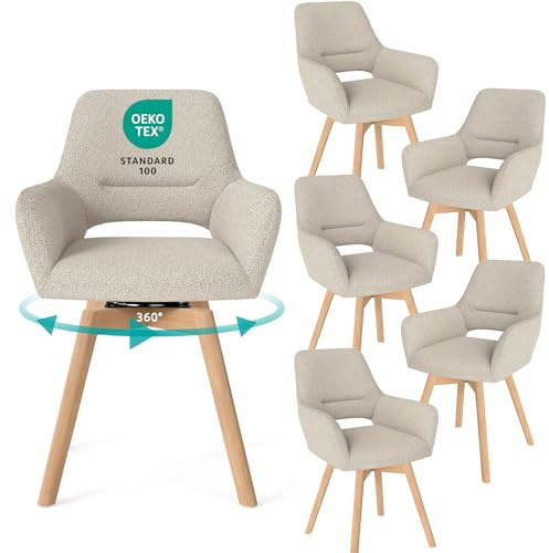 WAFTING 360° Esszimmerstühle Drehbar 6er Set mit Armlehnen, Buchenbeinen | Polsterstühle, Drehstuhl Esszimmer, Küchenstuhl Drehbar, für Wohnzimmer, Schlafzimmer, Arbeitszimmer, Empfangszimmer, Khaki