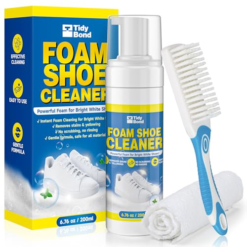 Tidybond Shoe Cleaner Kit – Trainer Cleaner for White Shoes & Sneakers, Fast Dirt & Stain Removal, Anti-Yellowing Care For Leather, Canvas, Mesh, Knit And Rubber, Brush & Towel Included