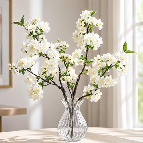 Quelcc Ramas de Cerezo Artificiales de 49 cm - 3 Unidades de Flores de Seda Artificiales con Tallos Flexibles - Decoración Floral Artificial para Hogar, Bodas, Mesa o DIY - Blancas