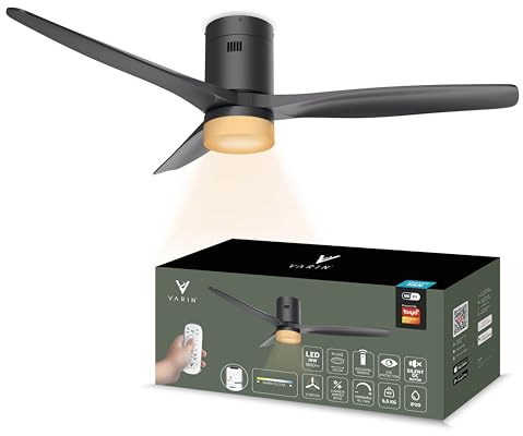 Varin® Ventilateur Plafond avec Lumiere Intelligent, Ø 132cm, Noir | Longues Pales, Tuya Wi-Fi, LED 18W CCT, Lumiere Plafond avec Ventilateur Silencieux 20 dB, Télécommande, Mode Hiver/Été