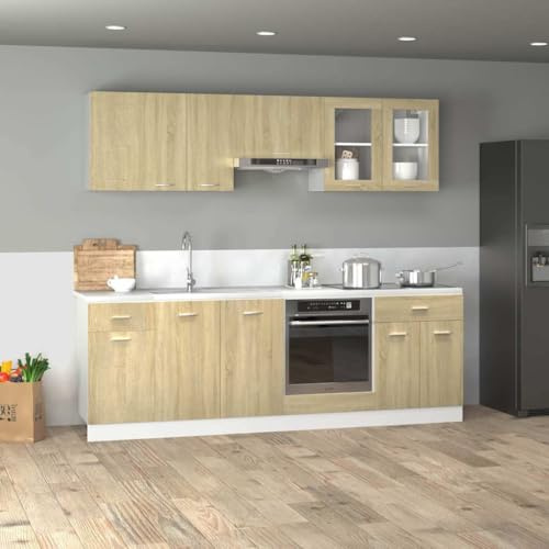 QUAHEAS Lyon Sonoma Oak 8-Piece Kitchen Cabinet Set with Base Cabinet, Wall Cabinet, Oven Built-In Cabinet, Drawer, Storage Space and Worktop for Kitchen and Dining Room