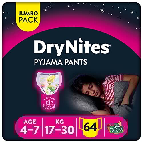 Huggies DryNites hochabsorbierende Nachtwindeln bei Bettnässen, für Mädchen 4-7 Jahre, 4 x 16 Windel-Pants (64 Stück), Monatspack