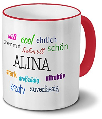 printplanet Tasse mit Namen Alina - Positive Eigenschaften von Alina - Namenstasse, Kaffeebecher, Mug, Becher, Kaffeetasse - Farbe Rot