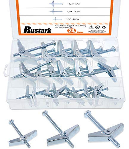 Rustark 24Pcs 1/4'' 1/8'' 3/16'' Zinc Plated Steel Round Head Toggle Bolt and Wing Nut Assortment Kit for Hanging Heavy Items on Drywall