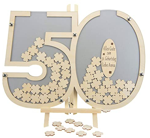 Laserano - Besonderes personalisierbares Gästebuch aus Holzzahlen 50 | 40x60 cm in Grau | Holz Kleeblätter zum Beschriften für Namen und Sprüche z.B. Geburtstag - Geburtstagsdeko mit Acrylglas