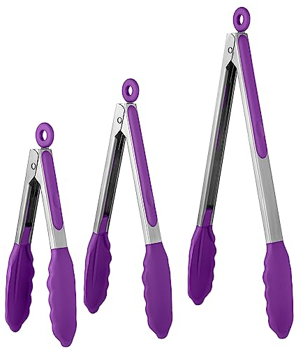 U-Taste Pince Cuisine Lot de 3 Pinces Barbecue en 18/8 Acier Inoxydable Ustensiles Cuisine avec Poignée Silicone Résistante à La Chaleur 315℃ Pince Buffet Anti-adhé, sans BPA (Violet)