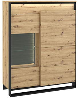 Mirjan24 Vitrine 2D1S Quant QA-06 mit LED-Beleuchtung, Vitrinenschrank mit 2 Türen und 6 Einlegeplatten Standvitrine Highboard Stauraumvitrine Wohnzimmer (Eiche Artisan/Eiche Artisan + Schwarz)