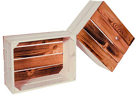 CHICCIE 2 Set Holzkiste Grete 38x28x15cm - Geflammt Weiß Obstkiste Weinkiste
