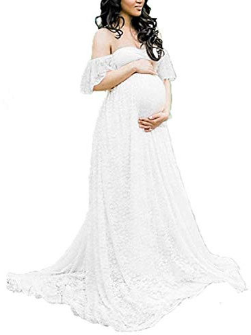 BUOYDM Femme Robe en Maternité Enceinte Costume Photo Shoot Robe Elégante pour Plage Wedding Cocktails Soirée Blanc S