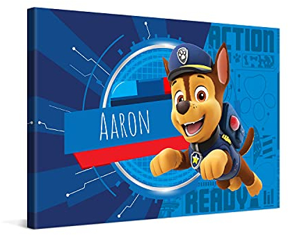 PICANOVA – PAW Patrol Chase Leinwand – 60x40cm – Leinwanddruck mit Babynamen – Personalisierte Leinwand – Baby–Geschenk Leinwandbild – PAW Patrol Kollektion