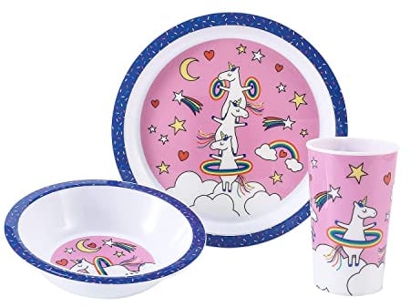 Unicorn 3Pcs Coloured Dining Set - Plate, Bowl and Tumbler Dinnerware Set for Children, BPA Free