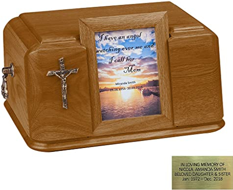 Solid Wood Casket Inset Picture Frame Urn -Memorial Funeral Urn for Adult Ashes WU46 (Dark+Cross+Plaque)