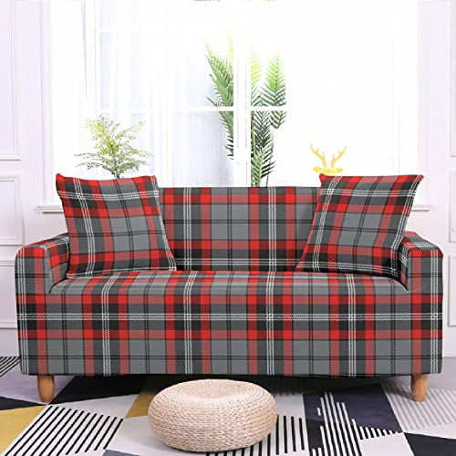 Sofa Überzug Grau-Rotes Plaid Sofaüberwurf Sofabezug Stretchy Couchbezug Sofa Bezug Ecksofa Überwurf Sofabezüge Antirutsch Sofahusse Jacquard Sofaüberzug 3 Places (190cm-230cm)