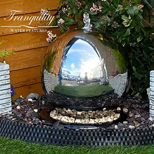Tranquillity 40cms Stainless Steel Sphere Mains Powered Water Feature, Waterfall, Fountain, Garden Decoration, Feature
