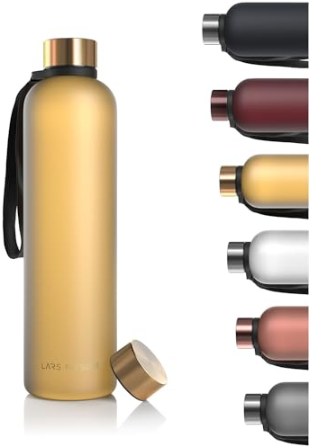LARS NYSØM Trinkflasche 1l | Wasserflasche 1000ml | Ultraleichte Tritan Sport Flasche auslaufsicher, Kohlensäure geeignet - für Sport, Büro, Yoga | 2 Deckel inkludiert (Yellow - Gold, 1000ml)