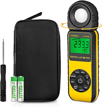 LYCEBELL Digital Luxmeter, LC-881E Belichtungsmesser 0.1-300,000 Lux mit Hintergrundbeleuchtung, Lichtmessgerät Lichtmesser mit um 270° Drehbarem Detektor für LED-Leuchten und Zuchtpflanze (Gelb)