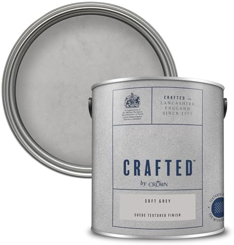 Crown CRAFTED Suede Soft Grey Paint for Walls & Ceilings 2.5L | Soft Light Grey luxurious suede textured finish, great feature wall paint. Soft to touch, hides flaws, natural brushed effect