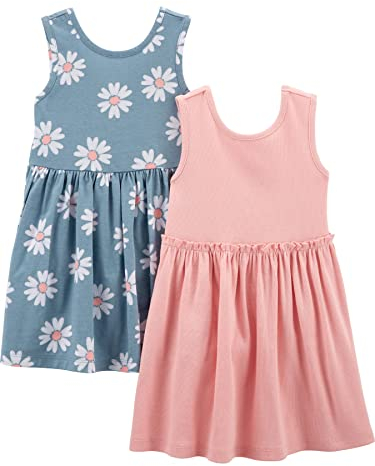 Simple Joys by Carter's Ensemble de Robes Sans-Manches et à Manches Courtes Fille, Jean Clair Fleurs/Rose, 5-6 ans