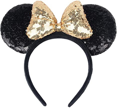 Hpfulseazn Women Girls Decoration Mouse Ears Headbands Sequin Glitter Bow Hairband for Cosplay Costume Birthday Party(Black/Gold,3D)